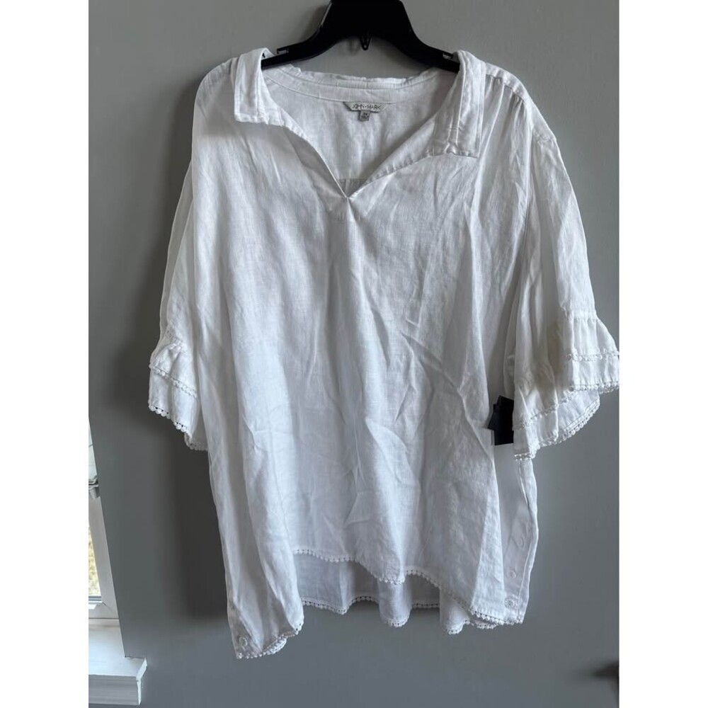 NWT John mark 3x white linen popover top crochet lace sleeves buttoned side vent